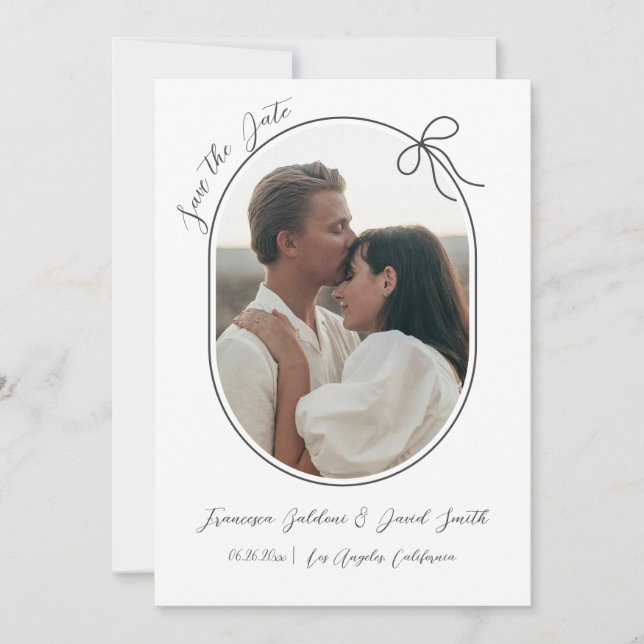 Oval photo with thin border and a minimal bow save the date (Front)