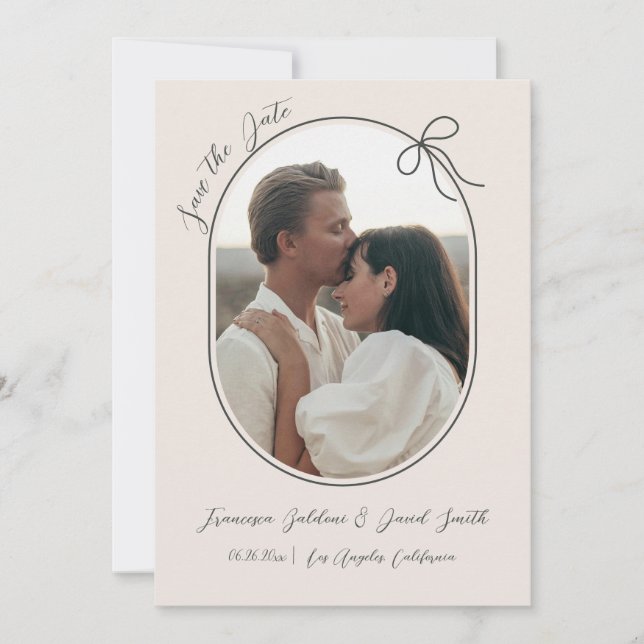 Oval photo with thin border and a minimal bow save the date (Front)