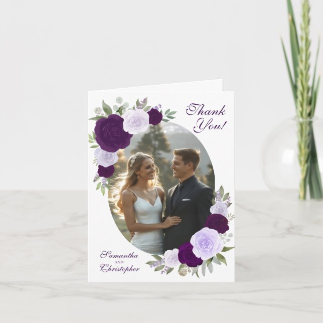 Oval Picture Purple Boho Roses QR Code Wedding  Thank You Card (Front)