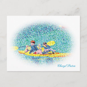 Oval Pointillism kayak river scene, postcards