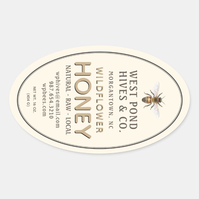 Oval Queenline Honey Jar Label with Bee 16 & 32oz (Front)