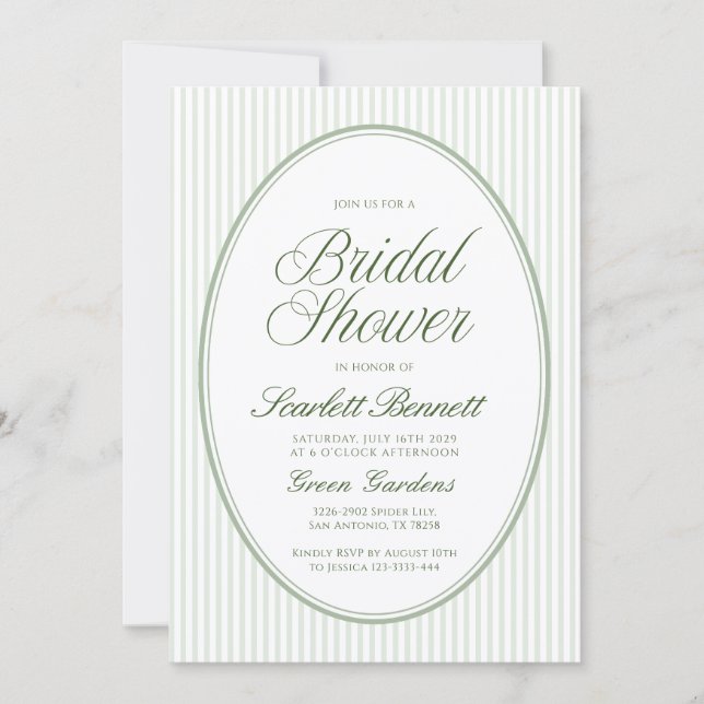 Oval Sage Green Striped Bridal Shower Invitation (Front)