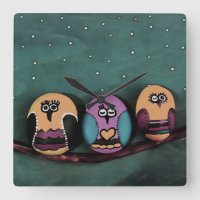 Oval Shaped Owls Against NightSky Primitive Art