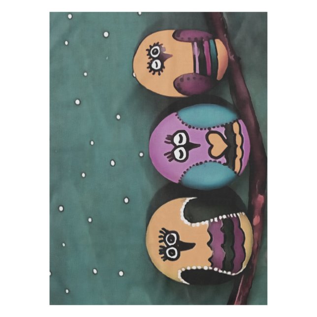 Oval Shaped Owls Against NightSky Primitive Art Tablecloth (Front)