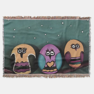 Oval Shaped Owls Against NightSky Primitive Art Throw Blanket