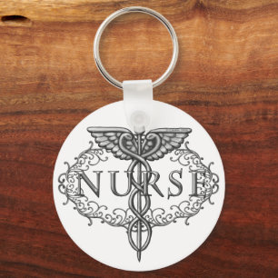 Oval silver caduceus nurse key ring