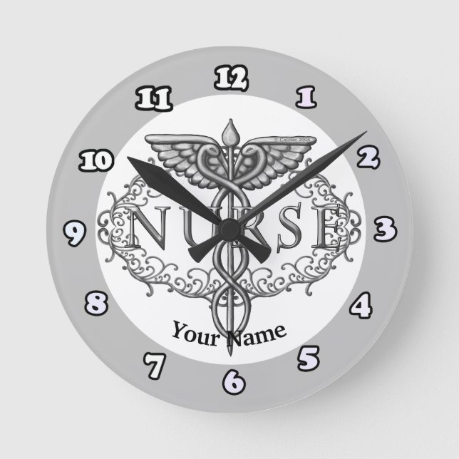 Oval silver caduceus nurse round clock (Front)