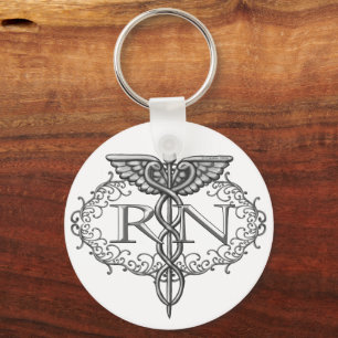 Oval Silver Caduceus RN Nurse Basic Round Keychain