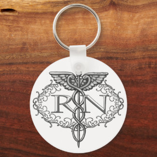Oval Silver Caduceus RN Nurse Basic Round Keychain
