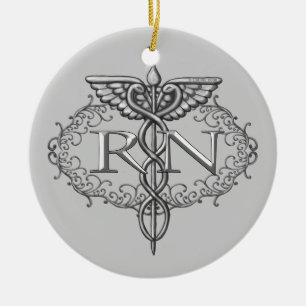 Oval Silver Caduceus RN Nurse Ceramic Tree Decoration