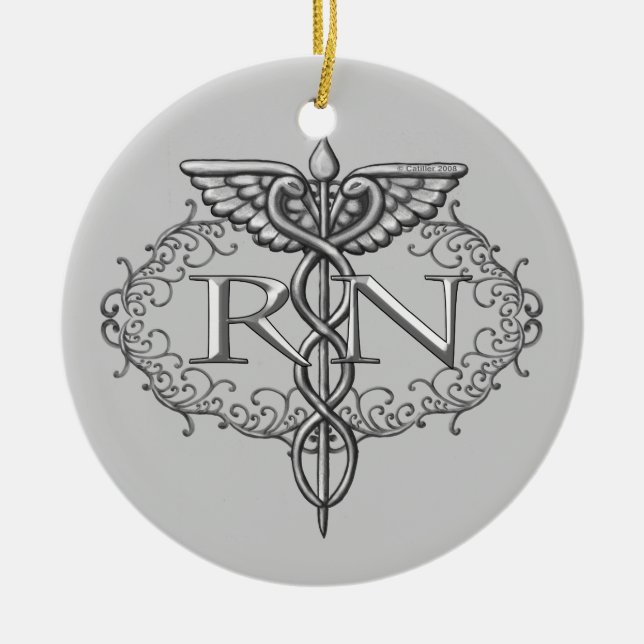 Oval Silver Caduceus RN Nurse Ceramic Tree Decoration (Front)