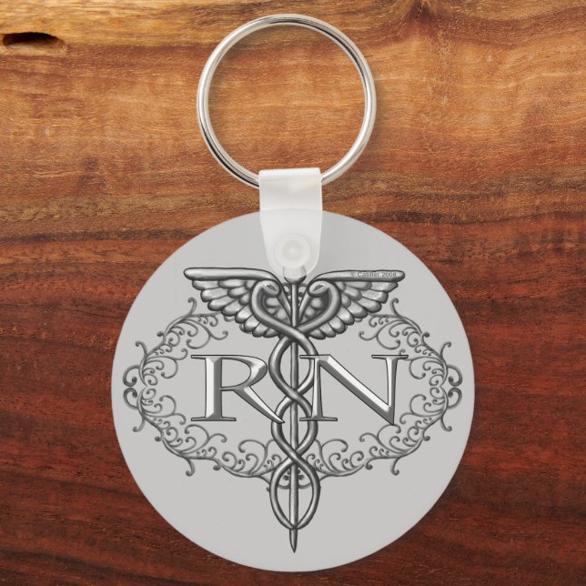 Oval Silver Caduceus RN Nurse Key Ring (Front)