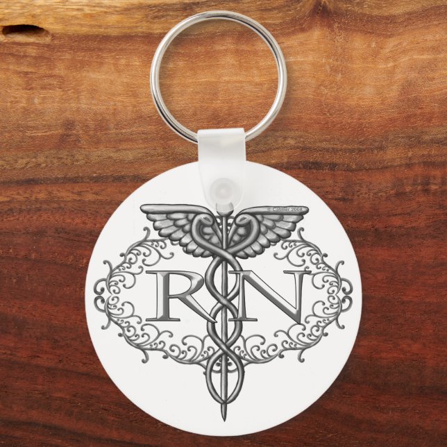 Oval Silver Caduceus RN Nurse Key Ring (Front)