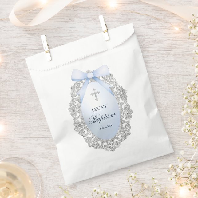 Oval Silver Glitter Frame Blue Bow Baptism Favour Bags (Clipped)