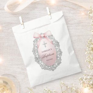 Oval Silver Glitter Frame Pink Bow Baptism Favour Bags