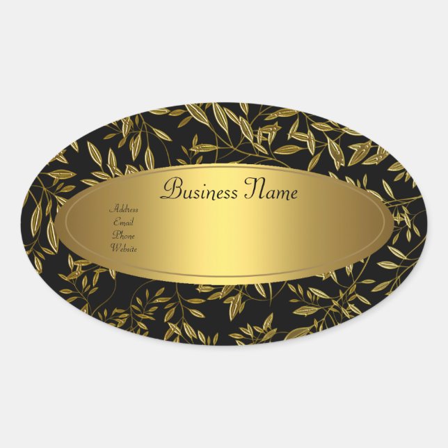 Oval Sticker Address Label Black Gold Floral (Front)