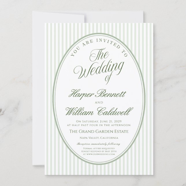 Oval Striped Sage Green Wedding Invitation (Front)