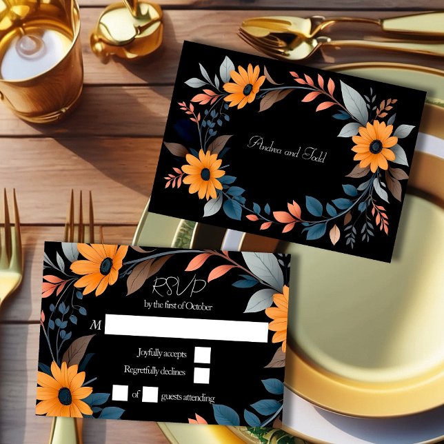 Oval sunflower wreath wedding RSVP card (Creator Uploaded)