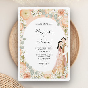 Oval Watercolor Peach Floral Indian Couple Wedding Invitation