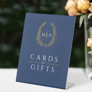 Oval wreath blue gold wedding cards and gifts pedestal sign
