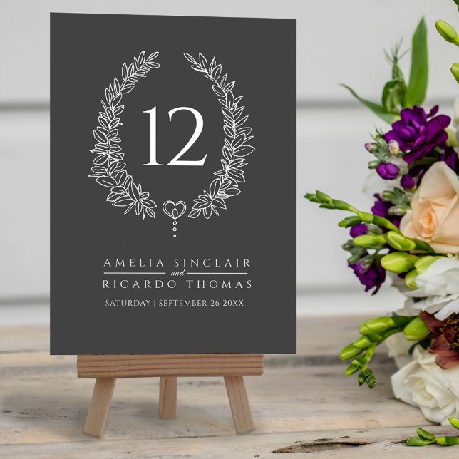 Oval wreath leaf charcoal grey white wedding table number (Creator Uploaded)