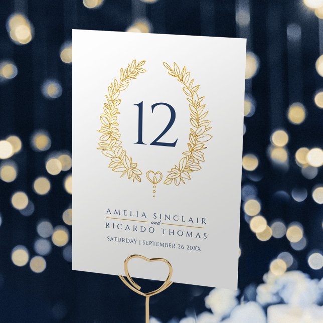 Oval wreath leaf gold on white blue text wedding table number (Creator Uploaded)