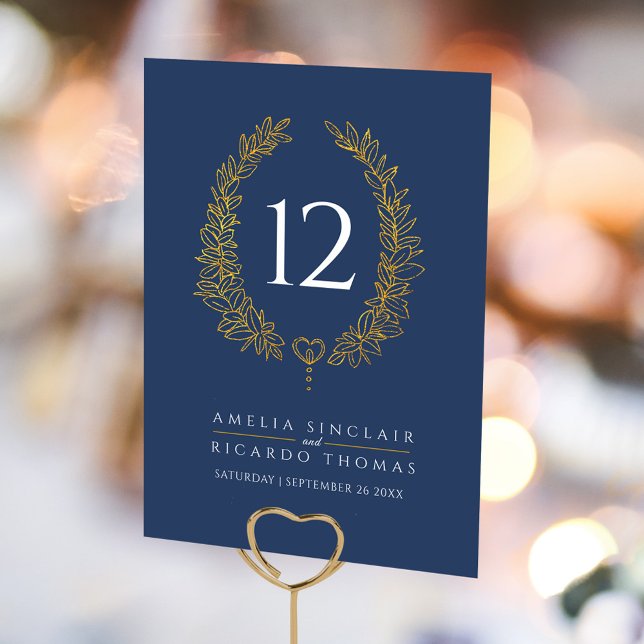 Oval wreath leaf gold white dark blue wedding table number (Creator Uploaded)