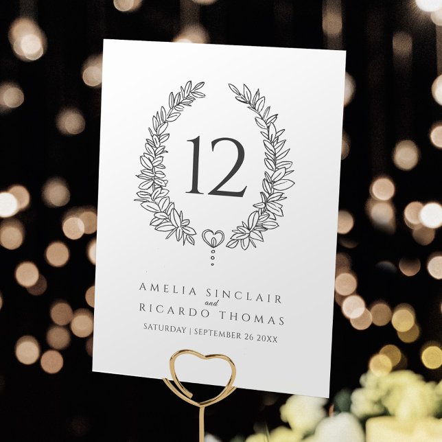 Oval wreath leaf white charcoal grey wedding table number (Creator Uploaded)