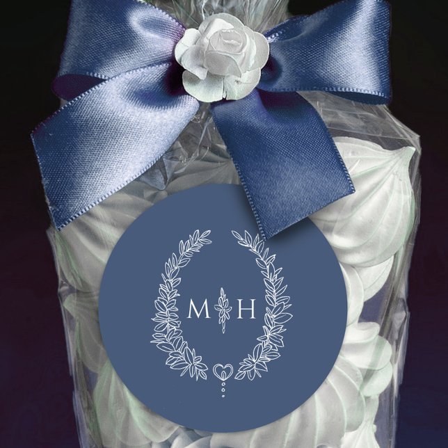 Oval wreath wedding monogram blue white classic round sticker (Creator Uploaded)