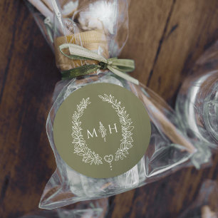 Oval wreath wedding monogram olive green white classic round sticker