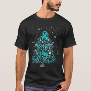 Ovarian Cancer Awareness Christmas Tree Teal Ribbo T-Shirt
