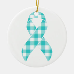 Ovarian Cancer Awareness Plaid Teal Ribbon Ceramic Tree Decoration