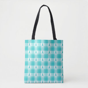 Ovarian Cancer Awareness Plaid Tote Bag, Teal