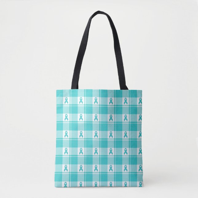 Ovarian Cancer Awareness Plaid Tote Bag, Teal Bag (Front)