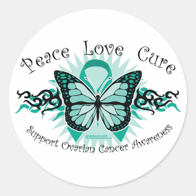 Ovarian Cancer Butterfly Tribal Classic Round Sticker (Front)