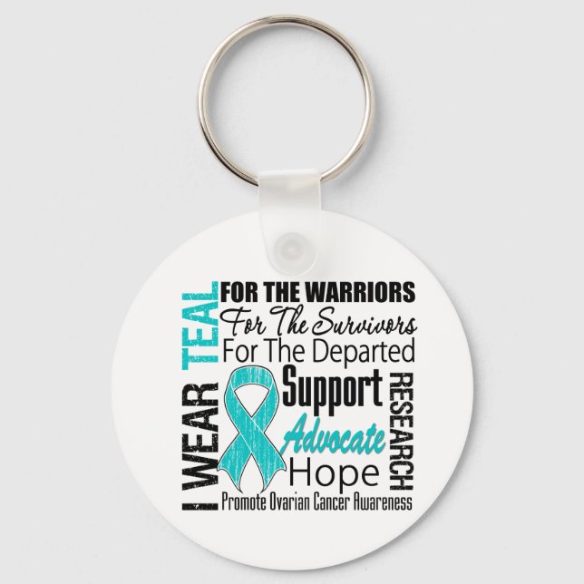 Ovarian Cancer I Wear Teal Ribbon TRIBUTE Key Ring (Front)