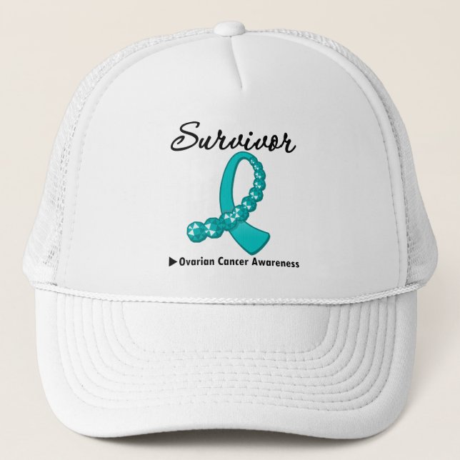 Ovarian Cancer Survivor Gemstone Ribbon Trucker Hat (Front)