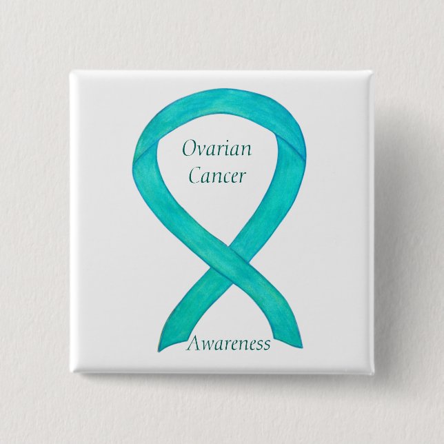 Ovarian Cancer Teal Awareness Ribbon Custom Pin (Front)