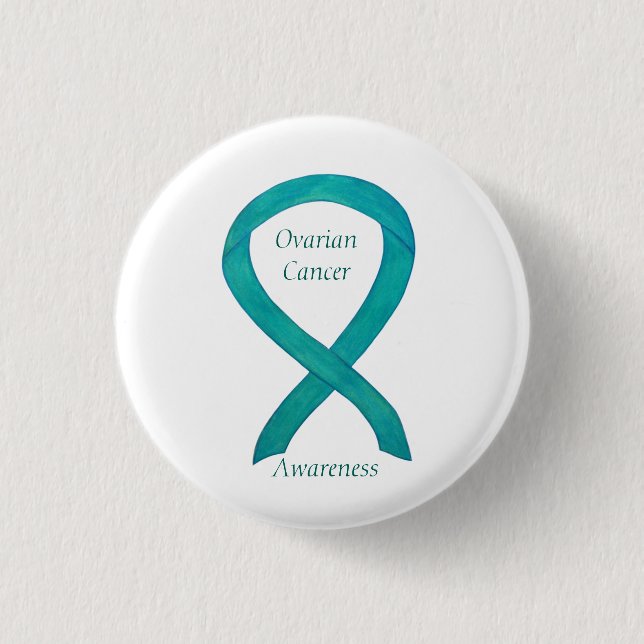 Ovarian Cancer Teal Awareness Ribbon Custom Pin (Front)