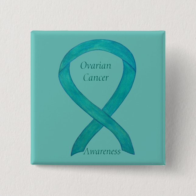 Ovarian Cancer Teal Awareness Ribbon Custom Pin (Front)