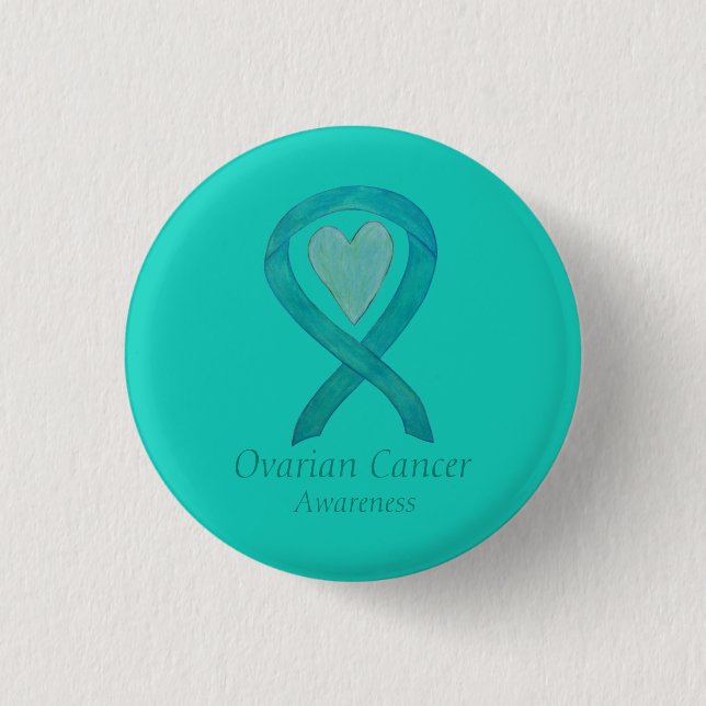 Ovarian Cancer Teal Awareness Ribbon Heart Button (Front)