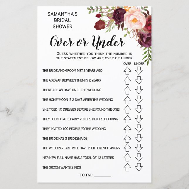 Ove or Under Marsala Flowers Bridal Shower Game (Front)
