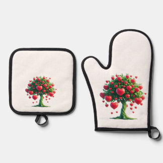 Oven glove  with a beautiful print of a flowering  mitt & pot holder set