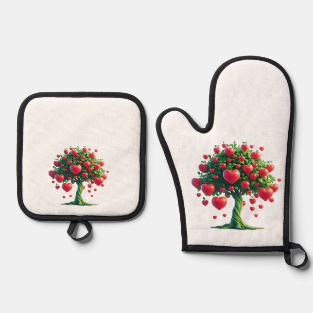 Oven glove  with a beautiful print of a flowering  oven mitt & pot holder set (Front)