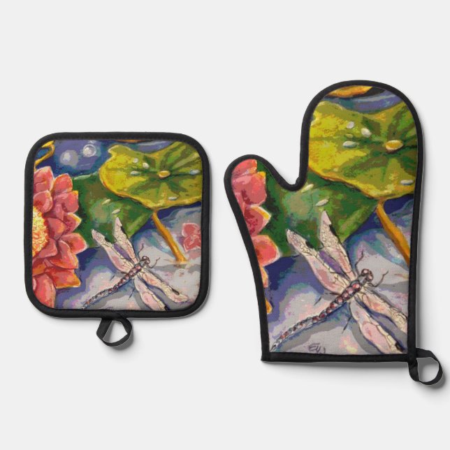 Oven Mitt and Pot Holders - Dragonfly & Waterlilly Holder Set (Front)