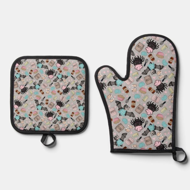 Oven Mitt-Halloween Baking Besties-Grey Mitt & Pot Holder Set (Front)
