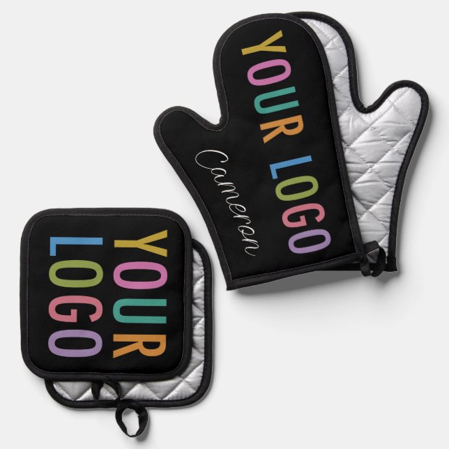 Oven Mitt Pot Holder Set Custom Printed Logo Black (Front/Back)
