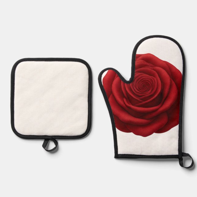 Oven Mitt & Pot Holder Set  - Red Rose Flower (Front)