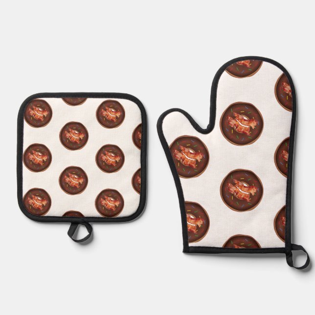 Oven Mitt & Pot Holders Bacon & Doughnuts Holder Set (Front)