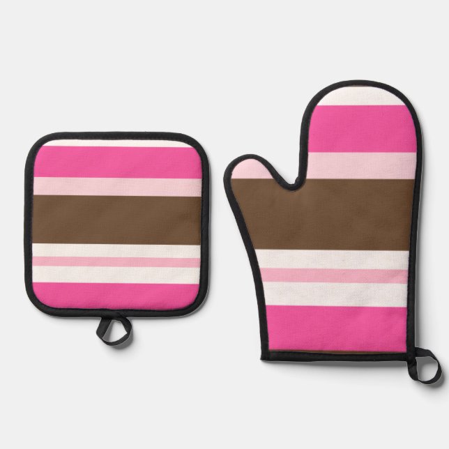 Oven Mitt & Pot Holders Brown, Pink & White Stripe Holder Set (Front)